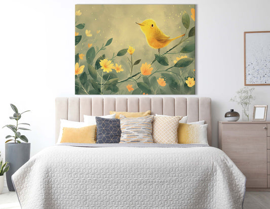 Sunny Yellow Bird and Blooms Canvas Print
