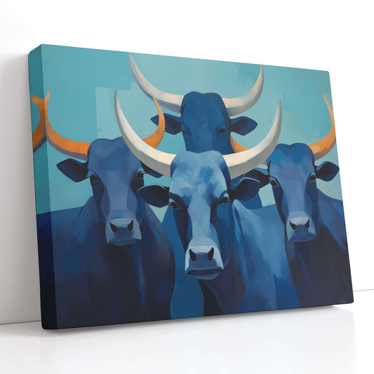 Abstract Blue Longhorn Cattle - Canvas Print - Artoholica Ready to Hang Canvas Print